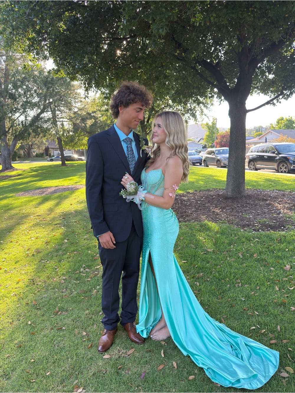 Sherri Hill Teal Sequin Strapless Mermaid Gown with Train